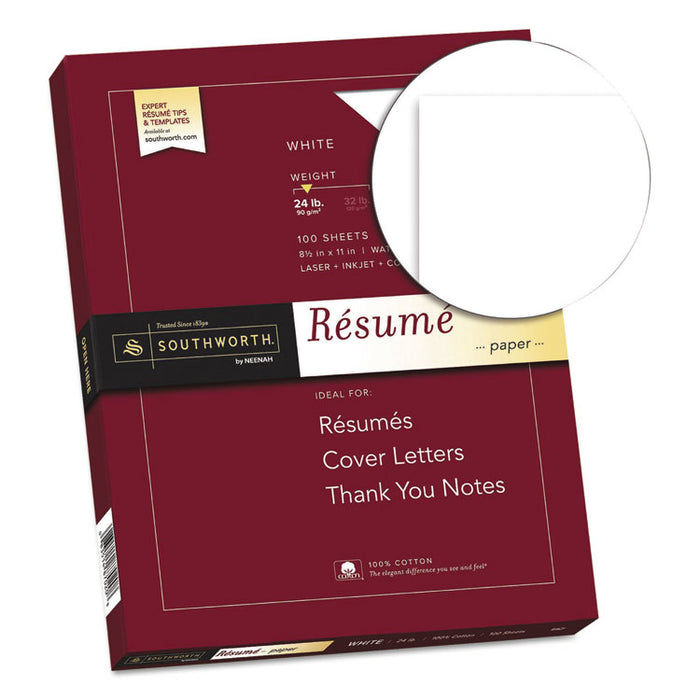 100% Cotton Resume Paper, 95 Bright, 24 lb, 8.5 x 11, White, 100/Pack