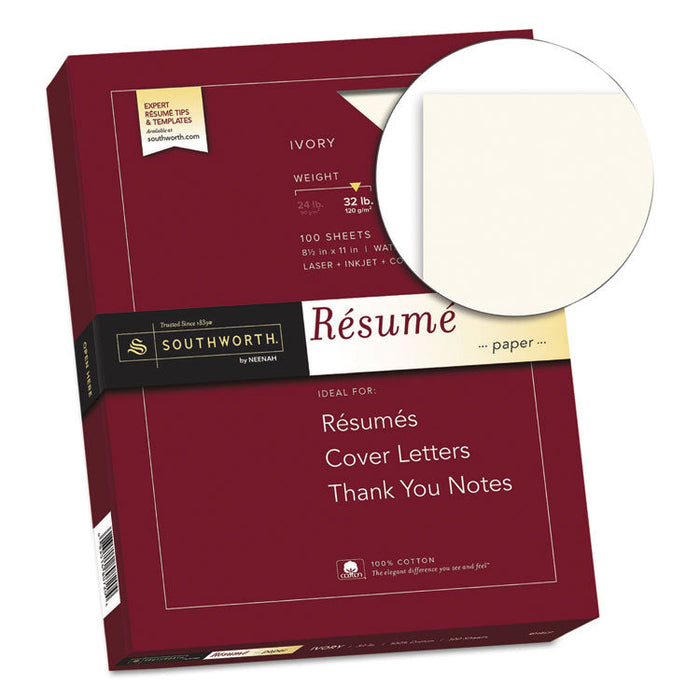 100% Cotton Resume Paper, 32 lb, 8.5 x 11, Ivory, 100/Pack