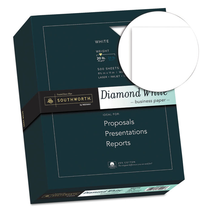 25% Cotton Diamond White Business Paper, 95 Bright, 20 lb, 8.5 x 11, 500/Ream