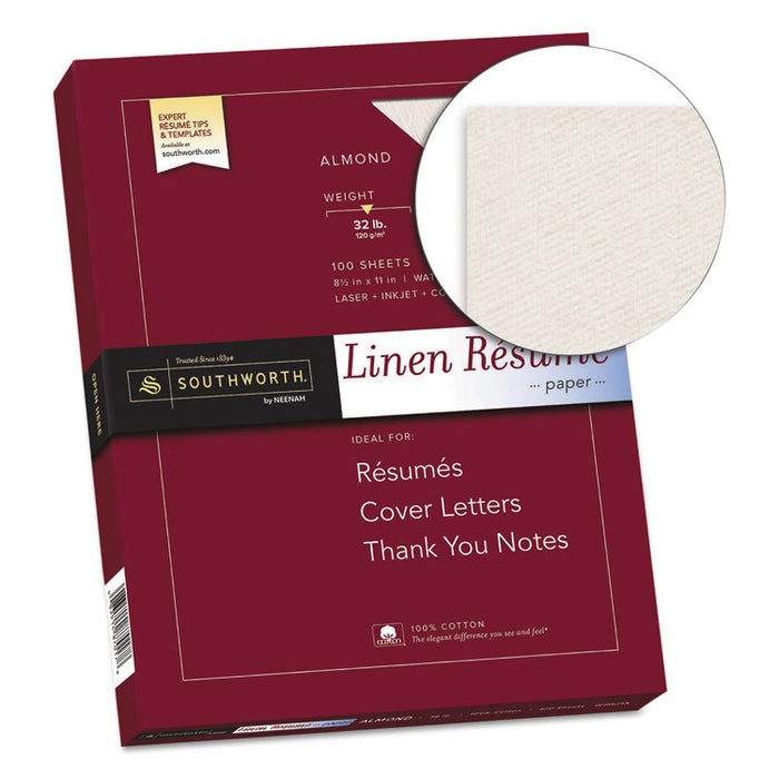 100% Cotton Premium Weight Linen Resume Paper, 32 lb, 8.5 x 11, Almond, 100/Pack