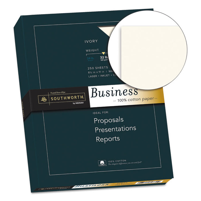 100% Cotton Business Paper, 32 lb Bond Weight, 8.5 x 11, Ivory, 250/Pack