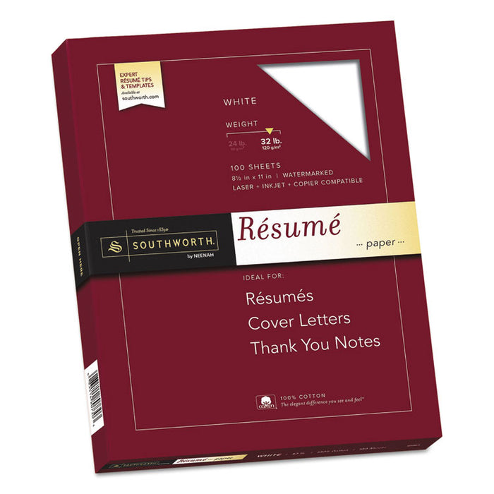 100% Cotton Resume Paper, 95 Bright, 32 lb, 8.5 x 11, White, 100/Pack