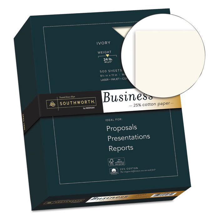 25% Cotton Business Paper, 95 Bright, 24 lb Bond Weight, 8.5 x 11, Ivory, 500 Sheets/Ream