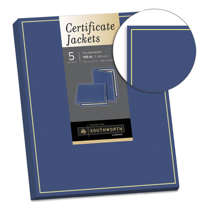 Certificate Jacket, Navy/Gold Border, Felt, 88lb Stock, 12 x 9 1/2, 5/Pack