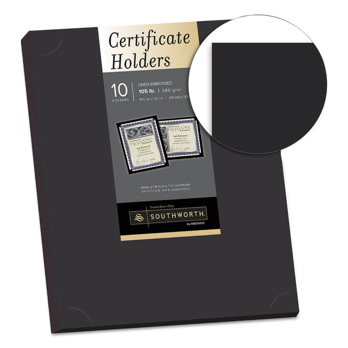 Certificate Holder, Black, 105lb Linen Stock, 12 x 9 1/2, 10/Pack