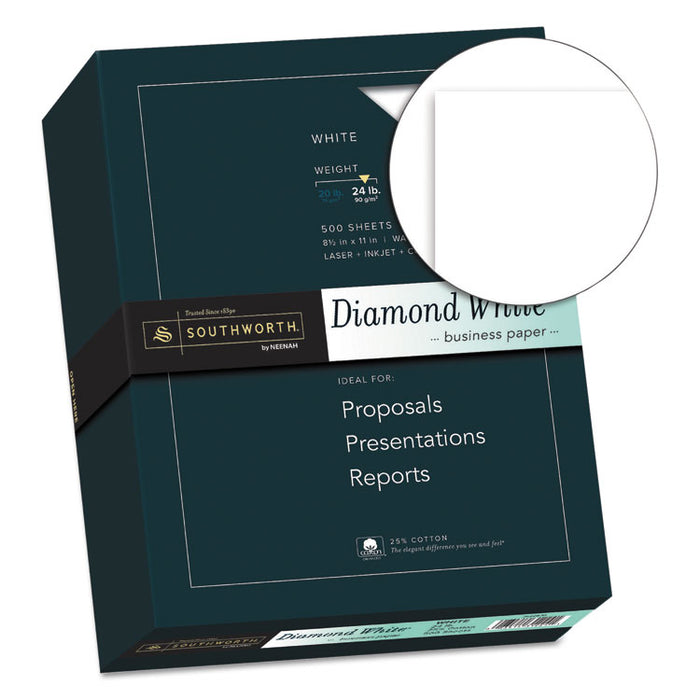 25% Cotton Diamond White Business Paper, 95 Bright, 24 lb, 8.5 x 11, 500/Ream