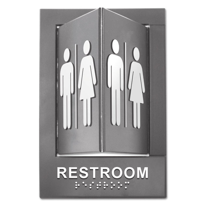 Pop-Out ADA Sign, Restroom, Tactile Symbol/Braille, Plastic, 6 x 9, Gray/White