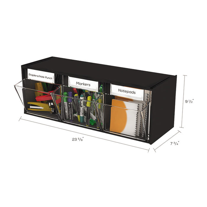 Tilt Bin Interlocking 3-Bin Organizer, 23 5/8 x 7 3/4 x 9 1/2, Black/Clear