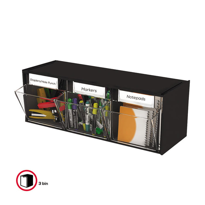 Tilt Bin Interlocking 3-Bin Organizer, 23 5/8 x 7 3/4 x 9 1/2, Black/Clear