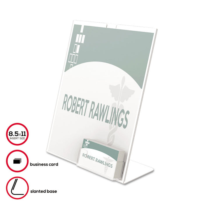 Superior Image Slanted Sign Holder with Business Card Holder, 8.5w x 4.5d x 11h, Clear
