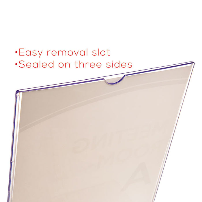 Superior Image Slanted Sign Holder with Front Pocket, 9w x 4.5d x 10.75h, Clear