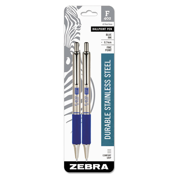 F-402 Ballpoint Pen, Retractable, Fine 0.7 mm, Blue Ink, Stainless Steel/Blue Barrel, 2/Pack