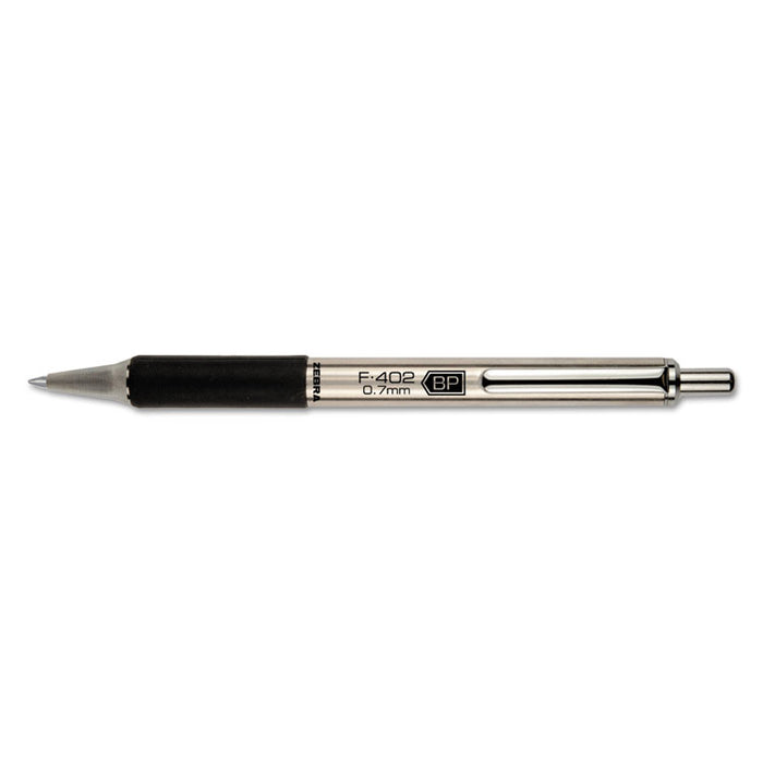 F-402 Retractable Ballpoint Pen, 0.7mm, Black Ink, Stainless Steel/Black Barrel