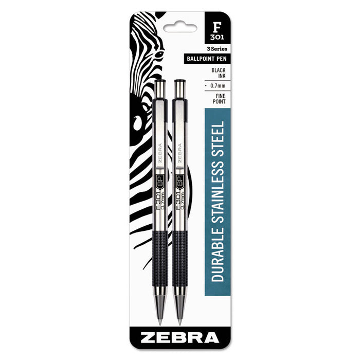 F-301 Ballpoint Pen, Retractable, Fine 0.7 mm, Black Ink, Stainless Steel/Black Barrel, 2/Pack