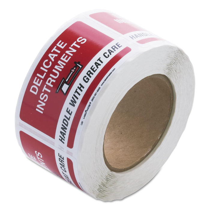 Shipping and Handling Self-Adhesive Labels, DELICATE INSTRUMENTS, HANDLE WITH CARE, 2.25 x 4, Red/White, 500/Roll