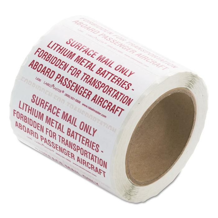 Lithium Battery Self-Adhesive Labels, SURFACE MAIL ONLY LITHIUM METAL BATTERIES, 2 x 4, Red/White, 500/Roll