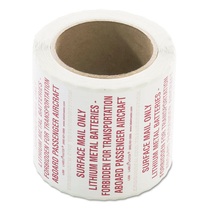 Lithium Battery Self-Adhesive Labels, SURFACE MAIL ONLY LITHIUM METAL BATTERIES, 2 x 4, Red/White, 500/Roll