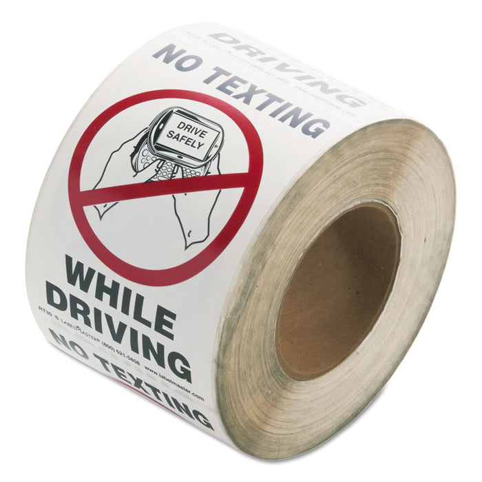 No Texting Self-Adhesive Labels, NO TEXTING WHILE DRIVING, 6.5 x 4.5, White/Black/Red, 500/Roll