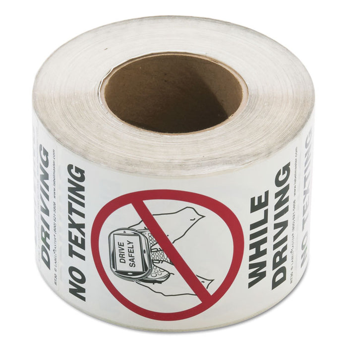 No Texting Self-Adhesive Labels, NO TEXTING WHILE DRIVING, 6.5 x 4.5, White/Black/Red, 500/Roll