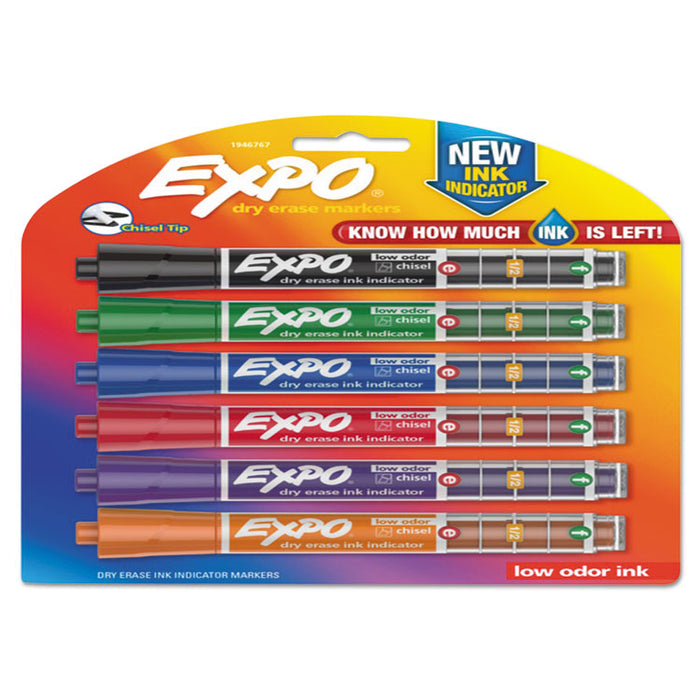 Ink Indicator Dry Erase Marker, Broad Chisel Tip, Assorted Colors, 6/Set
