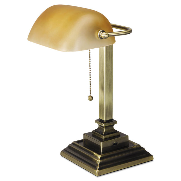 Traditional Banker's Lamp with USB, 10"w x 10"d x 15"h, Antique Brass