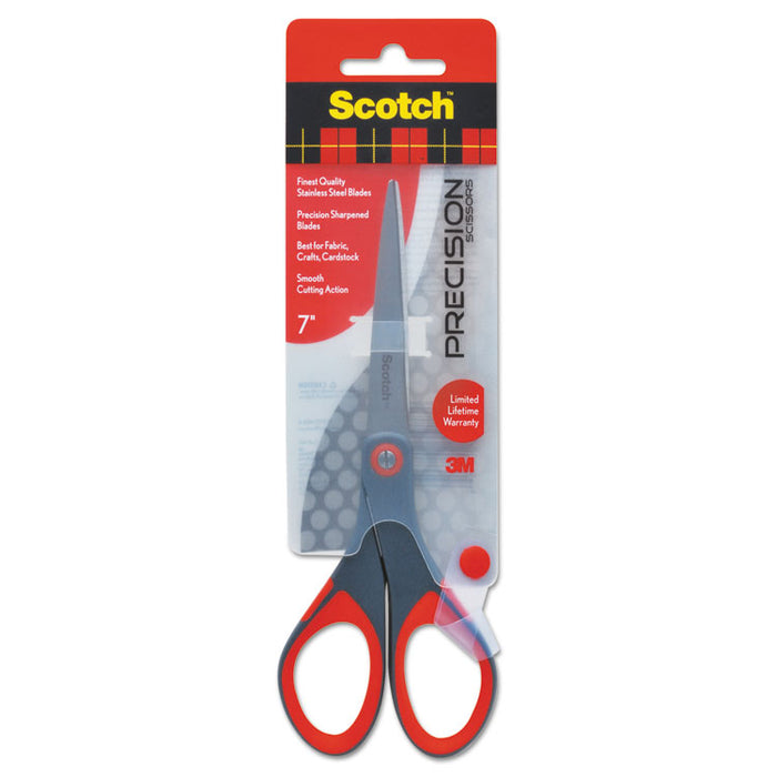 Precision Scissors, Pointed Tip, 7" Long, 2.5" Cut Length, Gray/Red Straight Handle