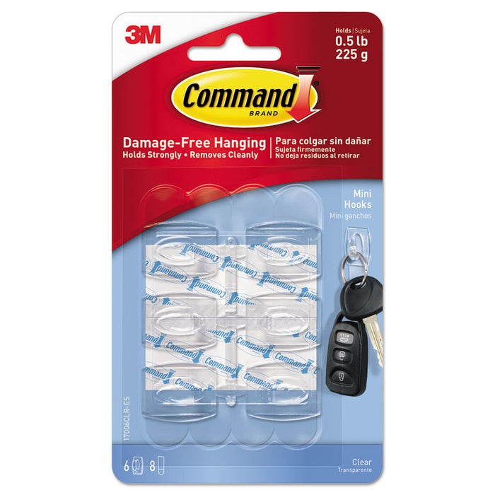 Clear Hooks and Strips, Plastic, Mini, 6 Hooks and 8 Strips/Pack