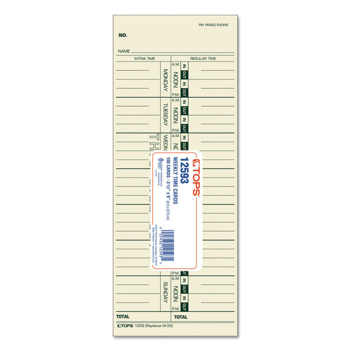 Time Card for Acroprint/IBM/Lathem/Simplex, Weekly, 3 1/2 x 9, 100/Pack