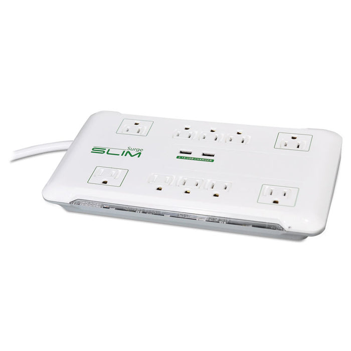 Slim Surge Protector, 10 Outlets/2 USB Charging Ports, 6 ft Cord, 2880 J, White