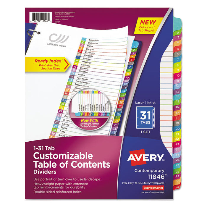Customizable TOC Ready Index Multicolor Dividers, 1-31, Letter