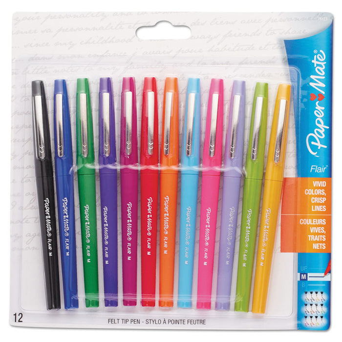 Point Guard Flair Felt Tip Porous Point Pen, Stick, Medium 0.7 mm, Assorted Ink and Barrel Colors, 12/Pack