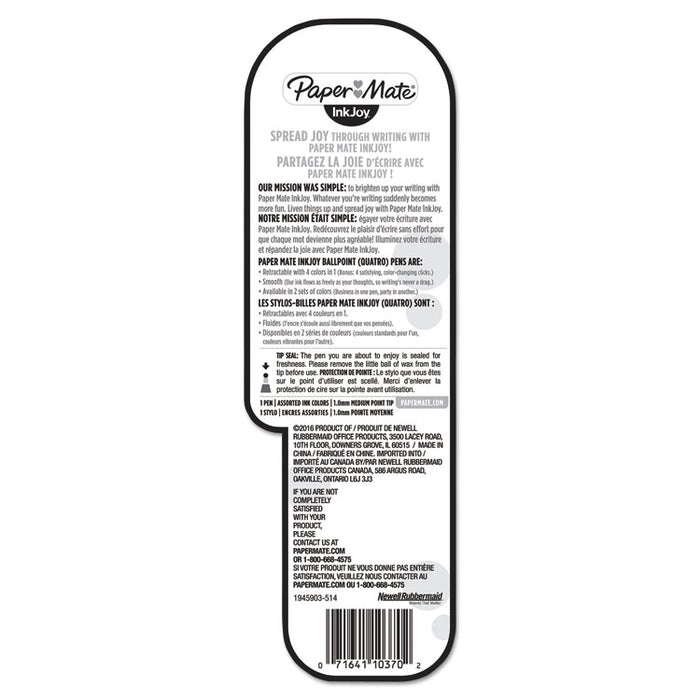 InkJoy Quatro Retractable Ballpoint Pen, 1mm, Black/Blue/Green/Red Ink, WE Barrel