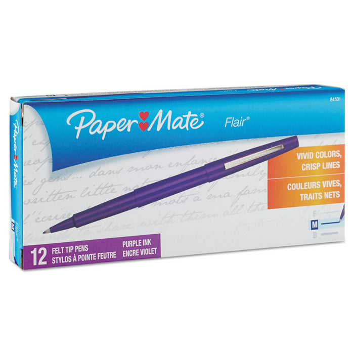 Point Guard Flair Felt Tip Porous Point Pen, Stick, Medium 0.7 mm, Purple Ink, Purple Barrel, Dozen