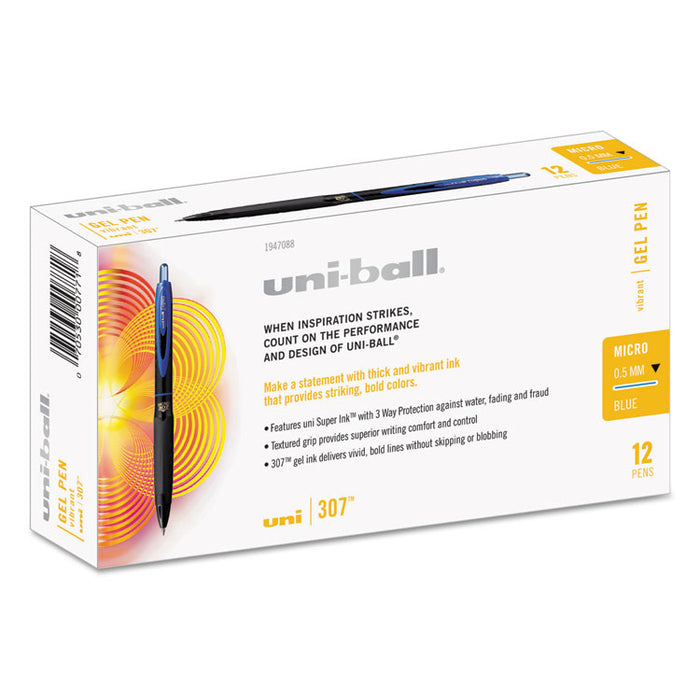 307 Gel Pen, Retractable, Micro 0.5 mm, Blue Ink, Black Barrel, Dozen