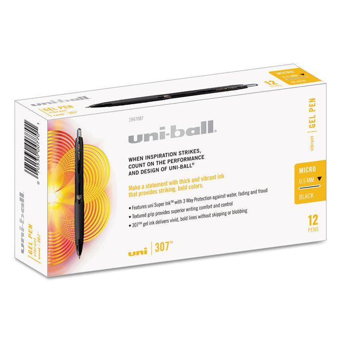 307 Gel Pen, Retractable, Micro 0.5 mm, Black Ink, Black Barrel, Dozen