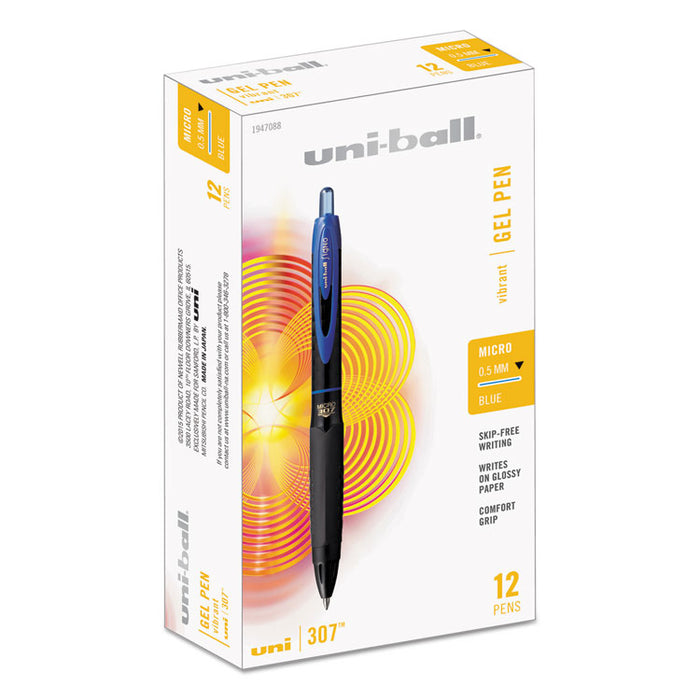307 Gel Pen, Retractable, Micro 0.5 mm, Blue Ink, Black Barrel, Dozen