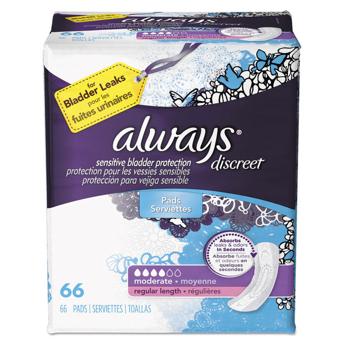 Discreet Incontinence Pads, Moderate, 66/Pack, 3 Packs/Carton