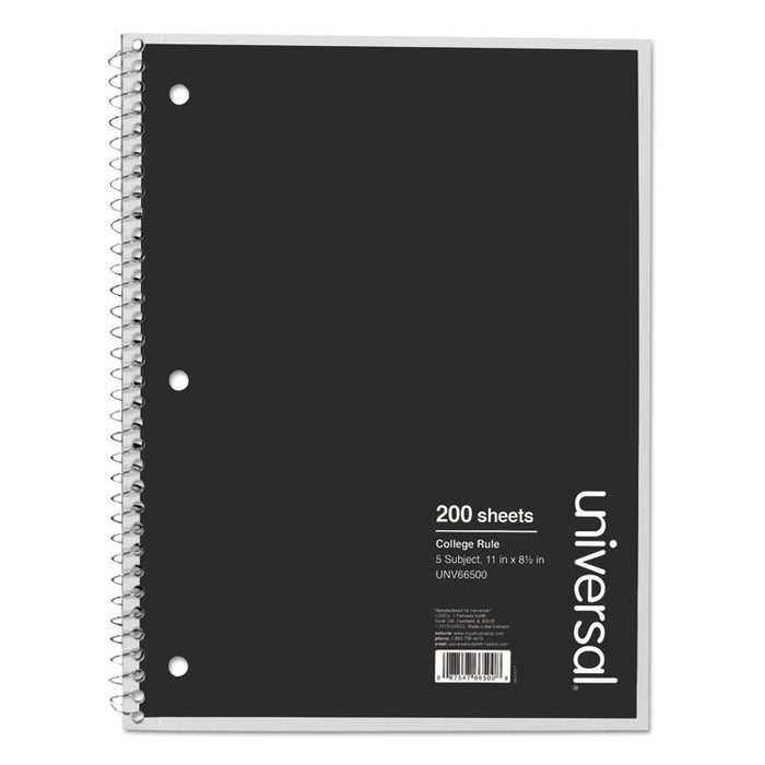 Wirebound Notebook, 5 Subject, Medium/College Rule, Black Cover, 11 x 8.5, 200 Sheets