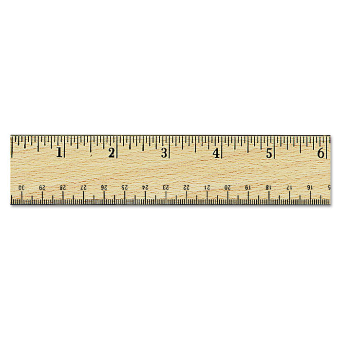 Flat Wood Ruler w/Double Metal Edge, 12", Clear Lacquer Finish