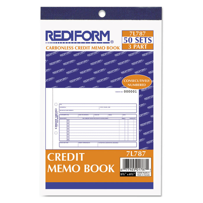 Credit Memo Book, Three-Part Carbonless, 5.5 x 7.88, 1/Page, 50 Forms
