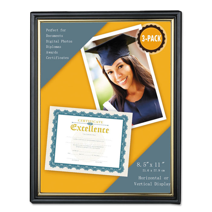 All Purpose Document Frame, 8.5 x 11 Insert, Black/Gold, 3/Pack