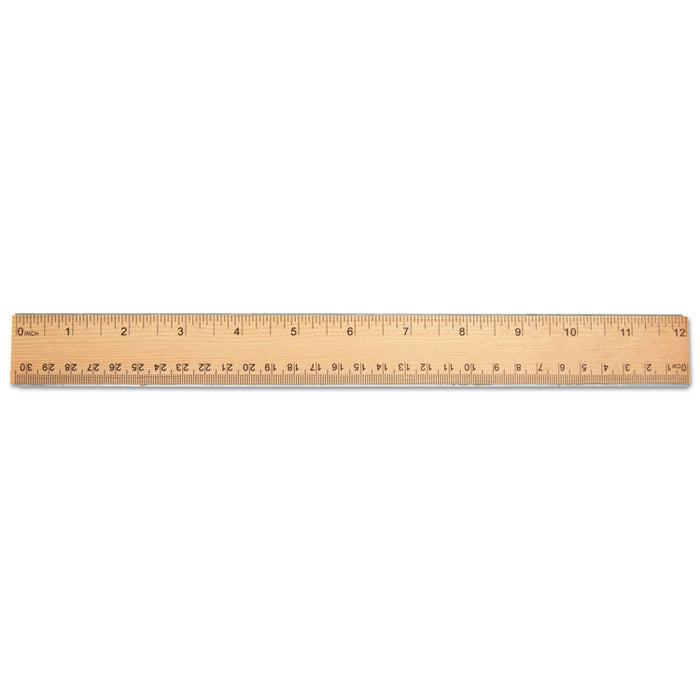 Flat Wood Ruler w/Double Metal Edge, 12", Clear Lacquer Finish