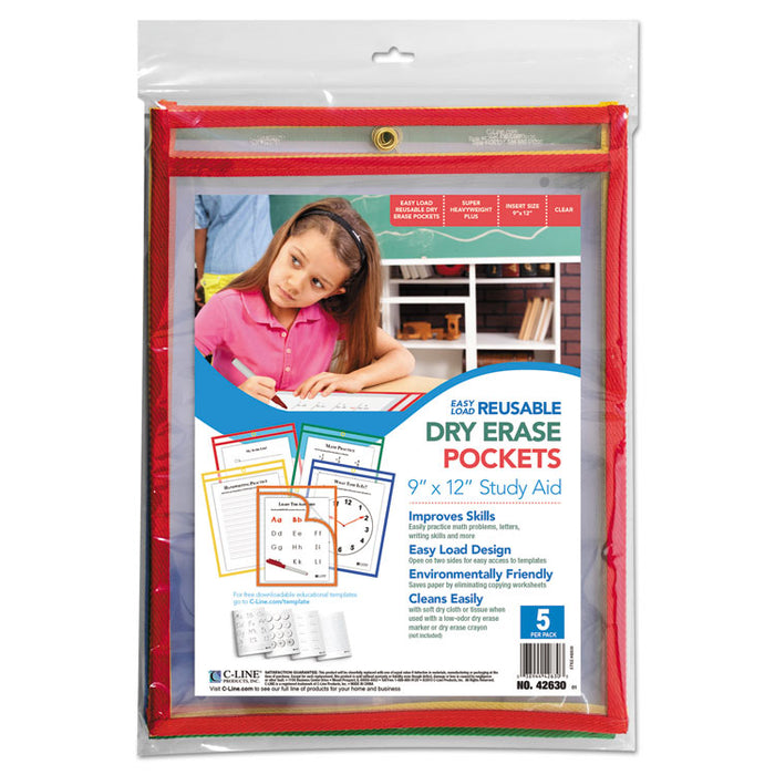 Reusable Dry Erase Pockets, 9 x 12, Assorted Primary Colors, 5/Pack