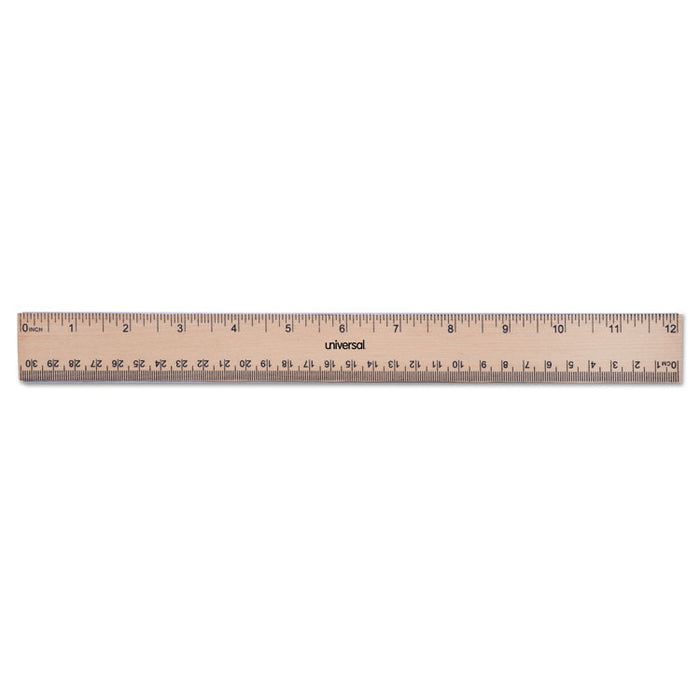 Flat Wood Ruler w/Double Metal Edge, 12", Clear Lacquer Finish