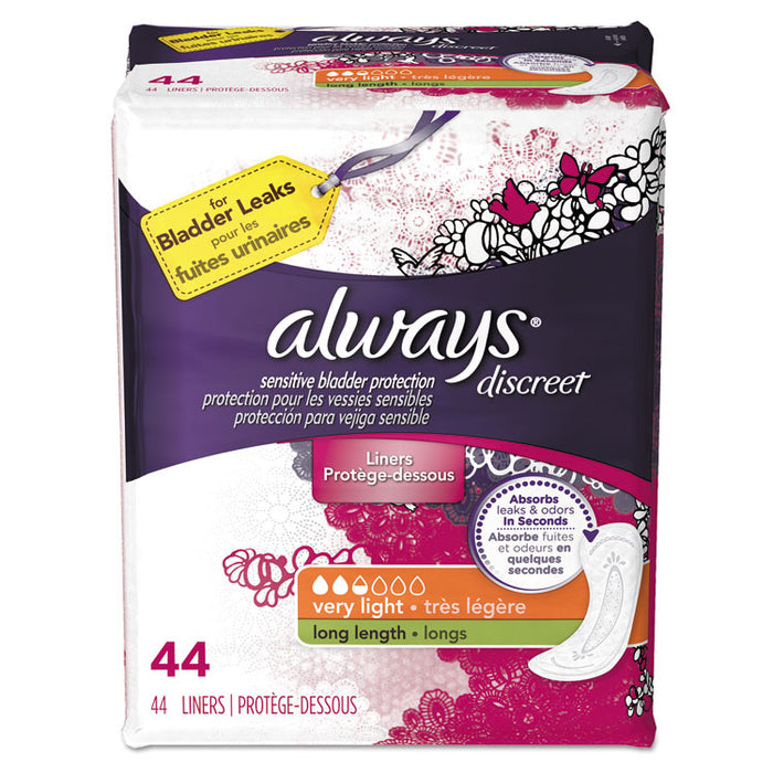 Discreet Incontinence Liners, Very Light Absorbency, Long, 44/Pack, 3 Packs/Carton