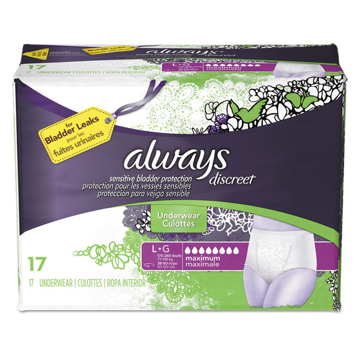 Discreet Incontinence Underwear, Large, Maximum Absorbency, 17/Pack, 3 Packs/Carton