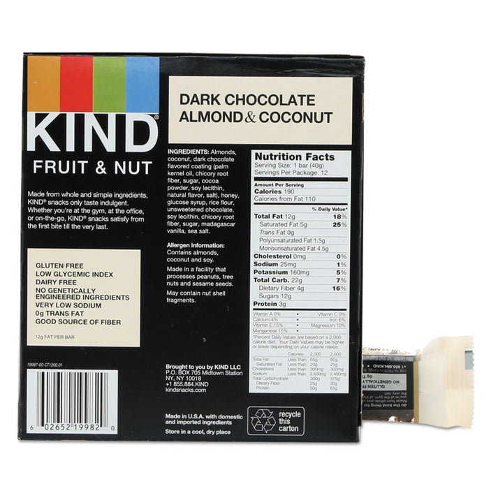 Fruit and Nut Bars, Dark Chocolate Almond and Coconut, 1.4 oz Bar, 12/Box