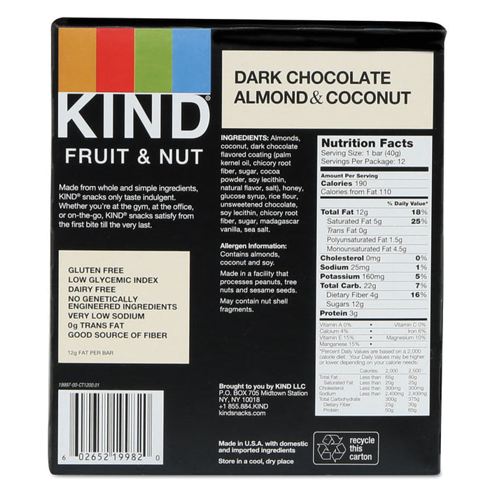 Fruit and Nut Bars, Dark Chocolate Almond and Coconut, 1.4 oz Bar, 12/Box