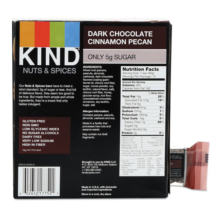 Nuts and Spices Bar, Dark Chocolate Cinnamon Pecan, 1.4 oz, 12/Box