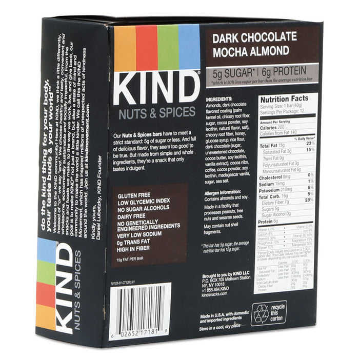 Nuts and Spices Bar, Dark Chocolate Mocha Almond, 1.4 oz Bar, 12/Box